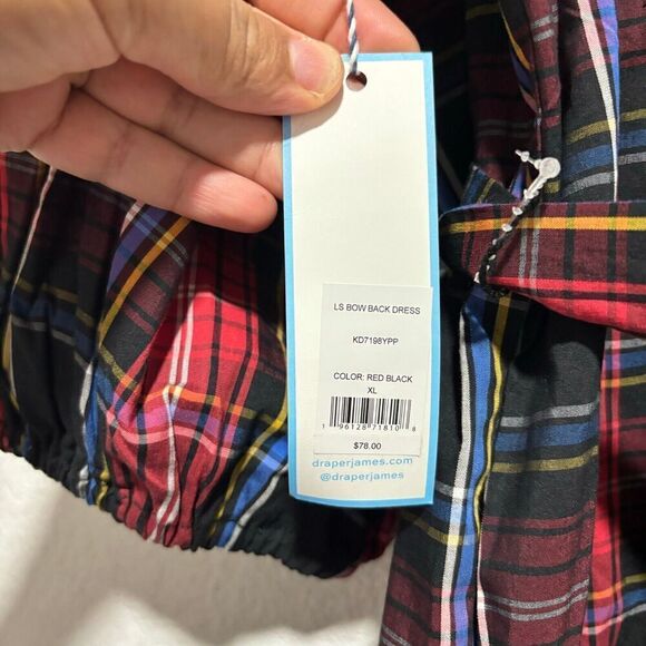 Draper James RSVP Tiered Midi Dress XL Red Black Plaid Smocked Bow Back Stretch - Picture 8 of 12